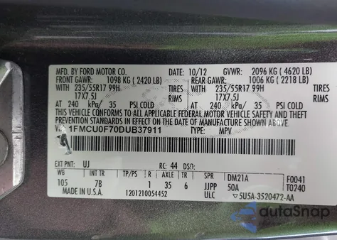 2013 Ford Escape S z USA, uszkodzony, nr VIN 1FMCU0F70DUB37911